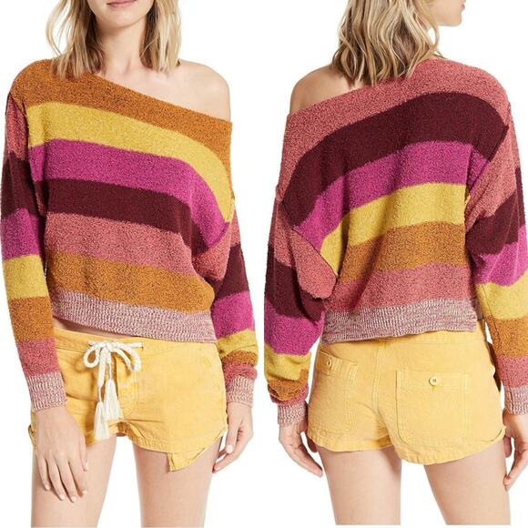 Free People Candyland Striped Sunset Off Shoulder Sweater - Picture 1 of 5